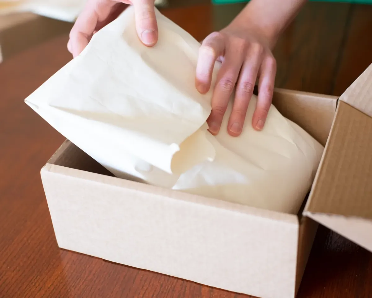 Unas manos acomodan un pedido envuelto en papel dentro de una caja de cartón.